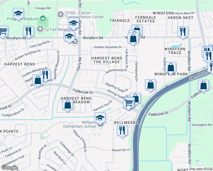 map of restaurants, bars, coffee shops, grocery stores, and more near 11007 Early Harvest Circle in Houston