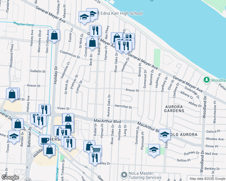 map of restaurants, bars, coffee shops, grocery stores, and more near 461 Aurora Oaks Drive in New Orleans