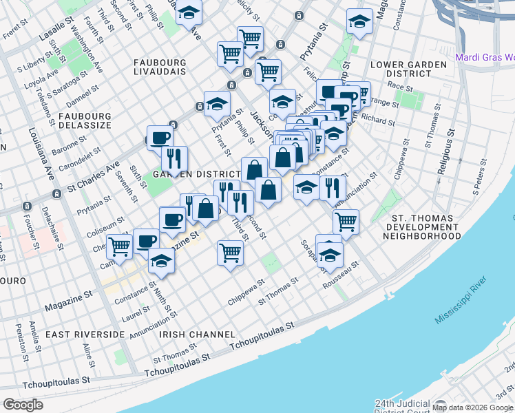map of restaurants, bars, coffee shops, grocery stores, and more near 1016 First Street in New Orleans