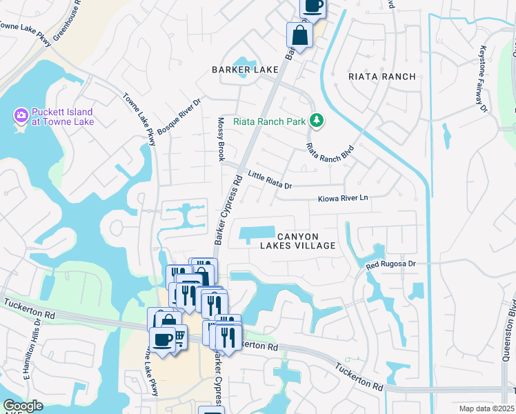 map of restaurants, bars, coffee shops, grocery stores, and more near 10414 Sequoia Pass Court in Houston