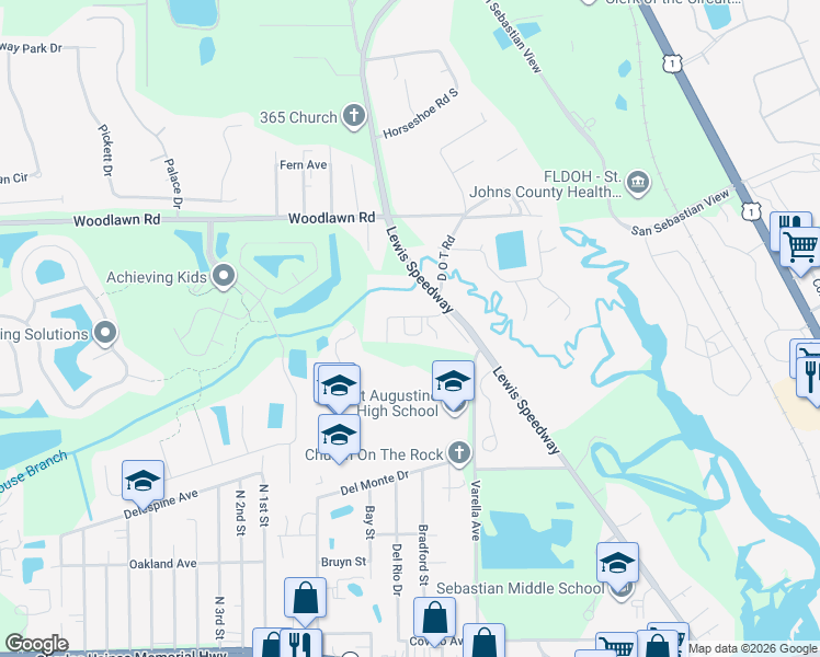 map of restaurants, bars, coffee shops, grocery stores, and more near 2384 D O T Road in St. Augustine