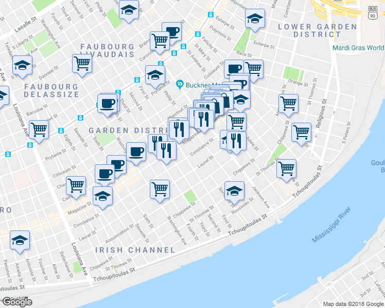 map of restaurants, bars, coffee shops, grocery stores, and more near 2346 Constance Street in New Orleans