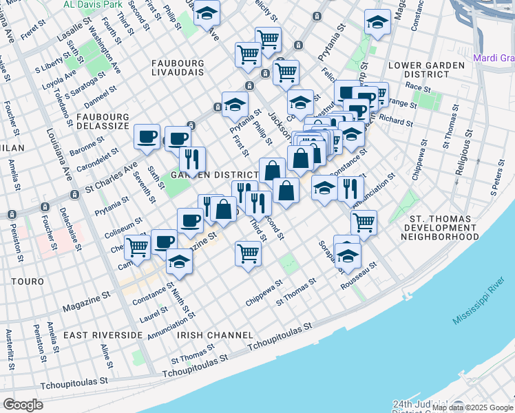 map of restaurants, bars, coffee shops, grocery stores, and more near 2407 Magazine Street in New Orleans
