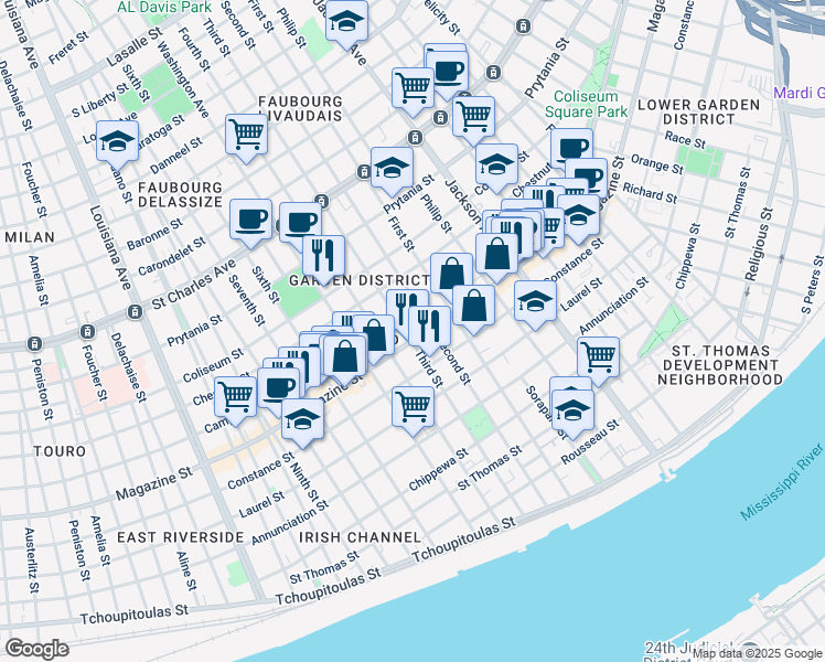 map of restaurants, bars, coffee shops, grocery stores, and more near 1131 Third Street in New Orleans