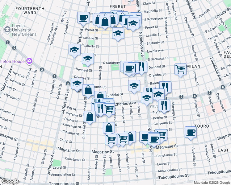 map of restaurants, bars, coffee shops, grocery stores, and more near 1737 Bordeaux Street in New Orleans