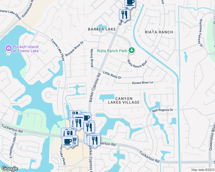 map of restaurants, bars, coffee shops, grocery stores, and more near 10414 Sequoia Pass Court in Houston