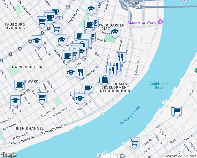 map of restaurants, bars, coffee shops, grocery stores, and more near 2001 Chippewa Street in New Orleans