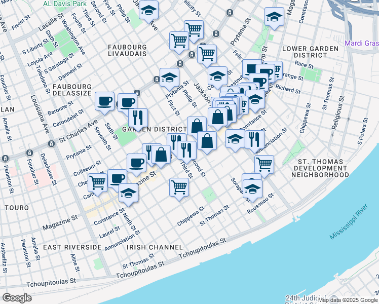 map of restaurants, bars, coffee shops, grocery stores, and more near 1029 Second Street in New Orleans