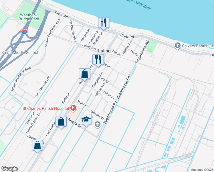 map of restaurants, bars, coffee shops, grocery stores, and more near 605 Milling Avenue in Luling