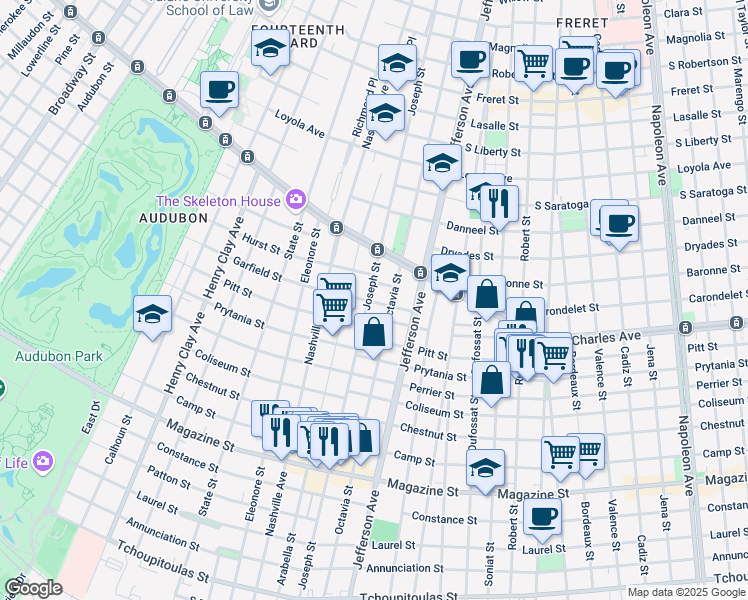 map of restaurants, bars, coffee shops, grocery stores, and more near 1423 Joseph Street in New Orleans