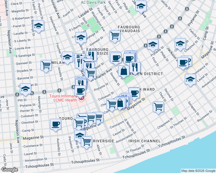 map of restaurants, bars, coffee shops, grocery stores, and more near 3116 Prytania Street in New Orleans