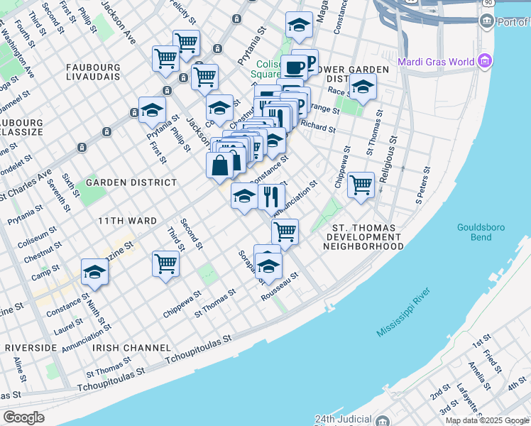 map of restaurants, bars, coffee shops, grocery stores, and more near 837 Jackson Avenue in New Orleans