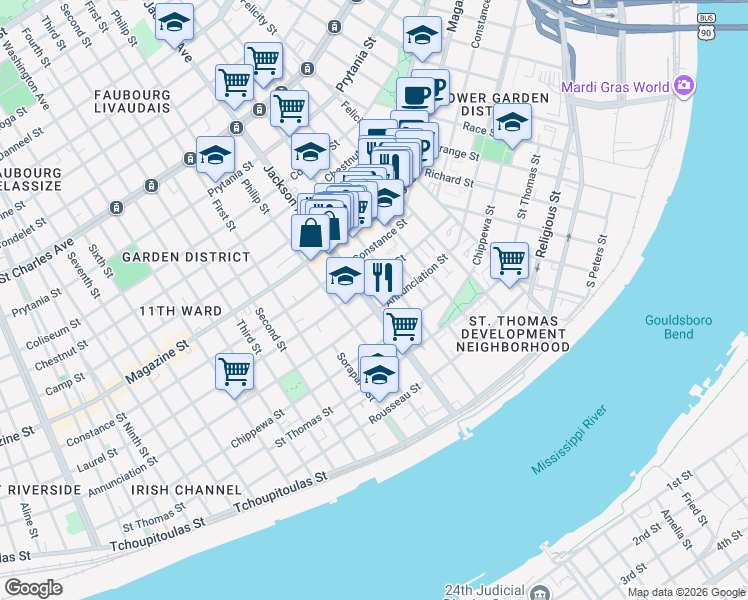 map of restaurants, bars, coffee shops, grocery stores, and more near 837 Jackson Avenue in New Orleans