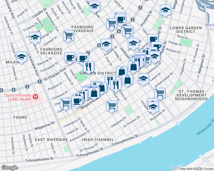map of restaurants, bars, coffee shops, grocery stores, and more near 1131 Third Street in New Orleans