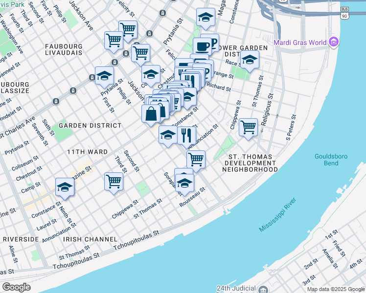 map of restaurants, bars, coffee shops, grocery stores, and more near 837 Jackson Avenue in New Orleans