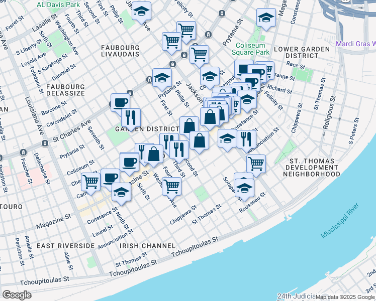 map of restaurants, bars, coffee shops, grocery stores, and more near 2407 Magazine Street in New Orleans
