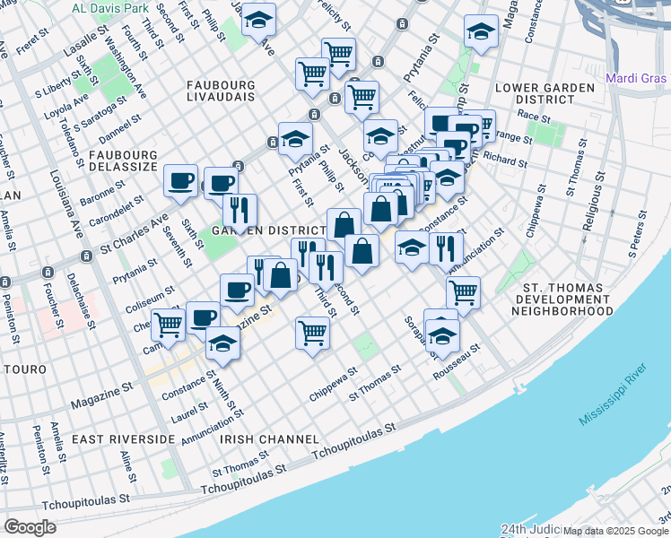 map of restaurants, bars, coffee shops, grocery stores, and more near 2407 Magazine Street in New Orleans