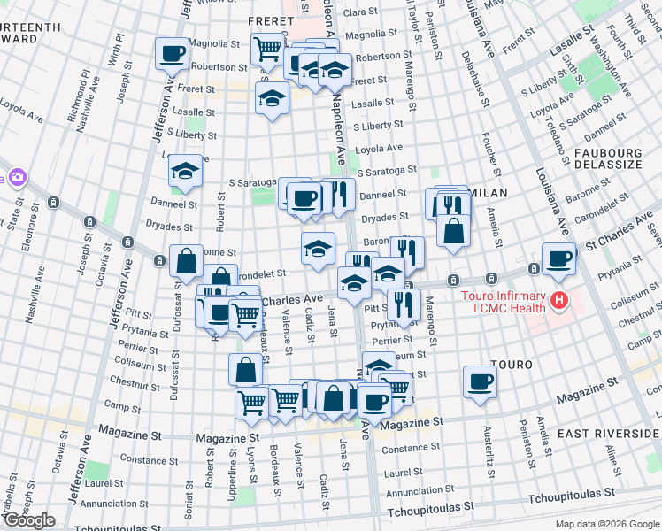map of restaurants, bars, coffee shops, grocery stores, and more near 4440 Baronne Street in New Orleans