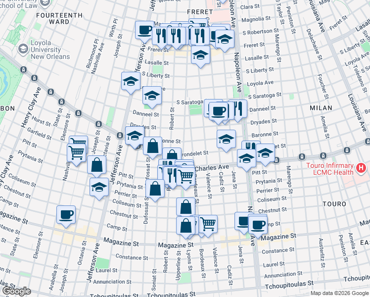 map of restaurants, bars, coffee shops, grocery stores, and more near 4910 Baronne Street in New Orleans