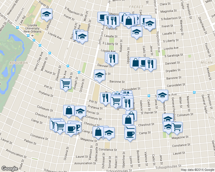 map of restaurants, bars, coffee shops, grocery stores, and more near 5211 Saint Charles Avenue in New Orleans