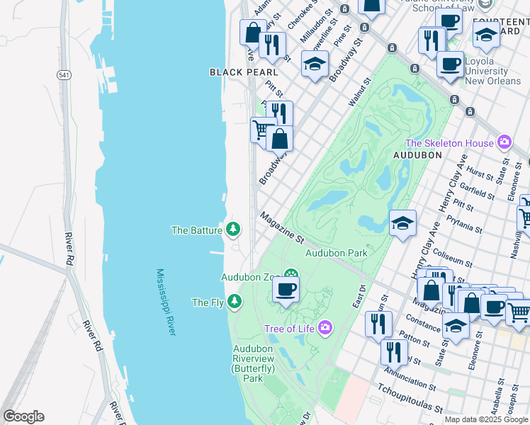 map of restaurants, bars, coffee shops, grocery stores, and more near 210 Audubon Street in New Orleans