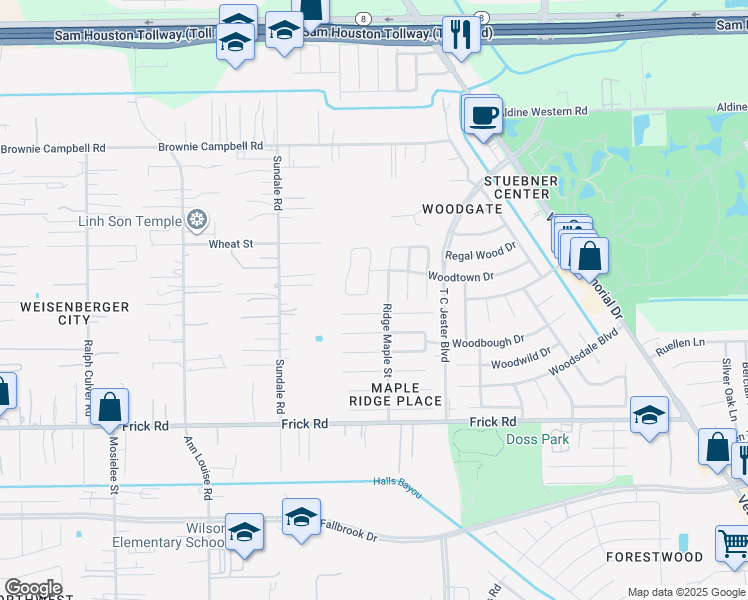 map of restaurants, bars, coffee shops, grocery stores, and more near 2816 South Red Birch Circle in Houston