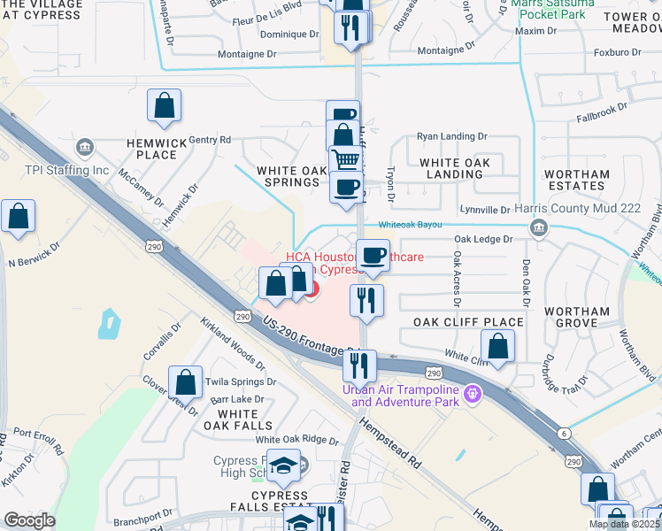 map of restaurants, bars, coffee shops, grocery stores, and more near 10451 Huffmeister Road in Cypress