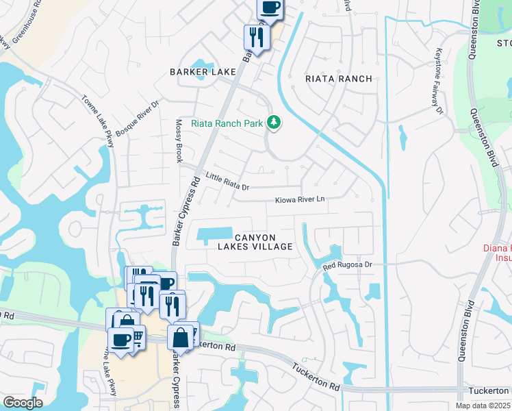 map of restaurants, bars, coffee shops, grocery stores, and more near 17338 Kiowa River Lane in Houston