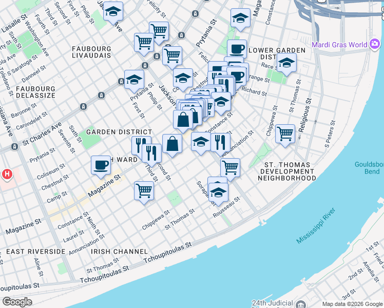 map of restaurants, bars, coffee shops, grocery stores, and more near 923 Philip Street in New Orleans