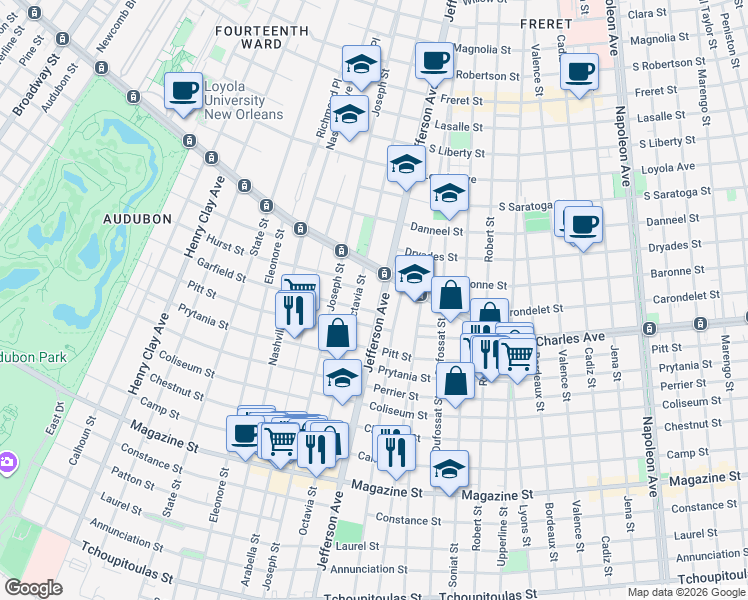 map of restaurants, bars, coffee shops, grocery stores, and more near 1535 Octavia Street in New Orleans
