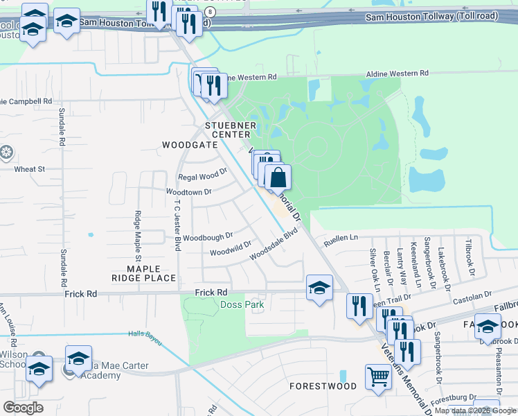 map of restaurants, bars, coffee shops, grocery stores, and more near 2303 Winding Wood Court in Houston
