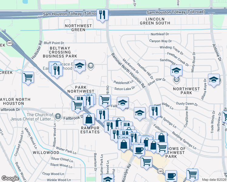 map of restaurants, bars, coffee shops, grocery stores, and more near 10423 Cedar Park Lane in Houston