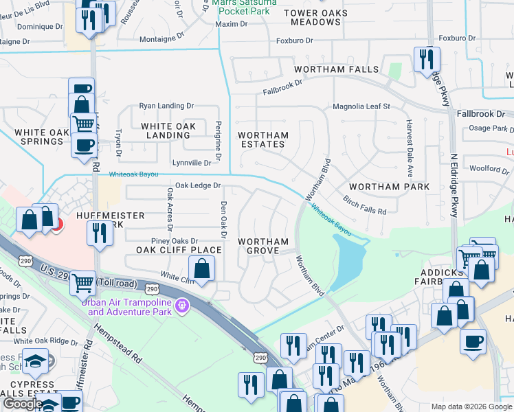 map of restaurants, bars, coffee shops, grocery stores, and more near 13536 Durbridge Trail Drive in Houston