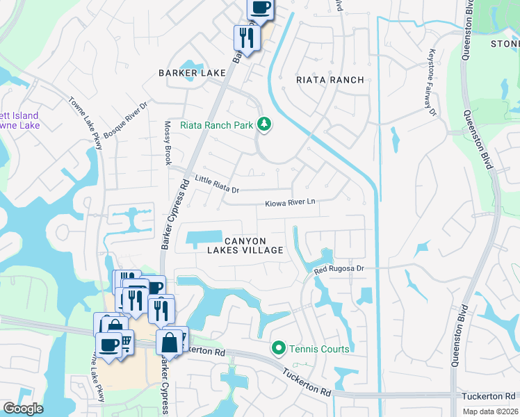 map of restaurants, bars, coffee shops, grocery stores, and more near 17338 Kiowa River Lane in Houston