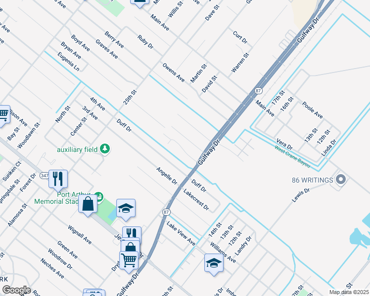 map of restaurants, bars, coffee shops, grocery stores, and more near Beverly Dr in Groves