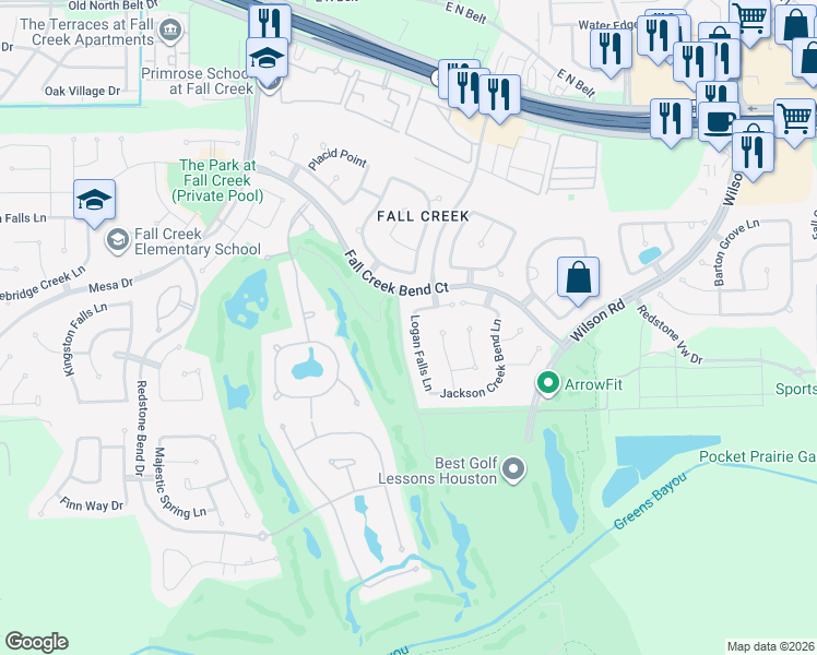 map of restaurants, bars, coffee shops, grocery stores, and more near 14615 Logan Falls Lane in Humble