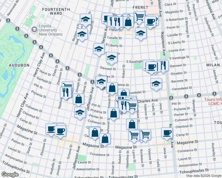 map of restaurants, bars, coffee shops, grocery stores, and more near 5211 Saint Charles Avenue in New Orleans