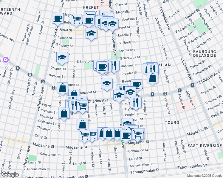 map of restaurants, bars, coffee shops, grocery stores, and more near 4440 Baronne Street in New Orleans