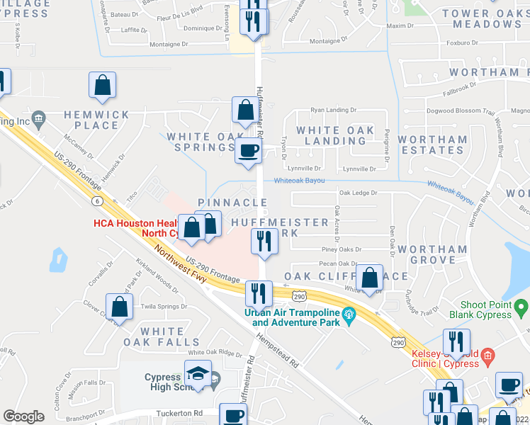 map of restaurants, bars, coffee shops, grocery stores, and more near 10502 Huffmeister Road in Houston