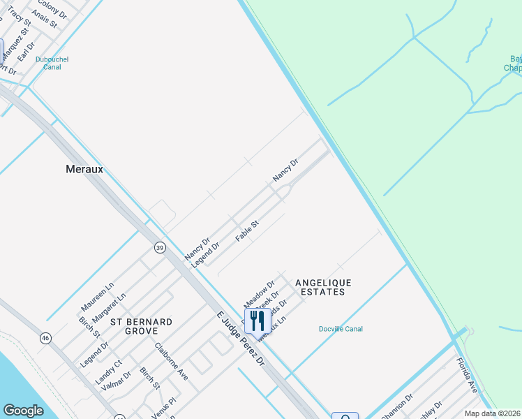map of restaurants, bars, coffee shops, grocery stores, and more near 3108 Legend Street in Meraux