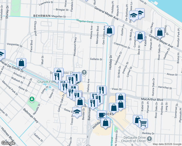 map of restaurants, bars, coffee shops, grocery stores, and more near 2601 Mercedes Boulevard in New Orleans