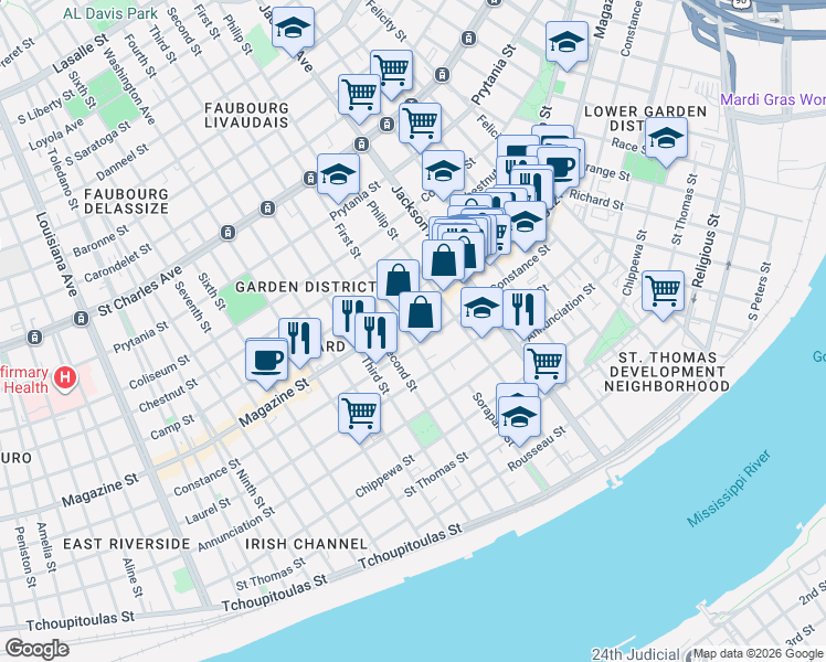 map of restaurants, bars, coffee shops, grocery stores, and more near 2331 Constance Street in New Orleans