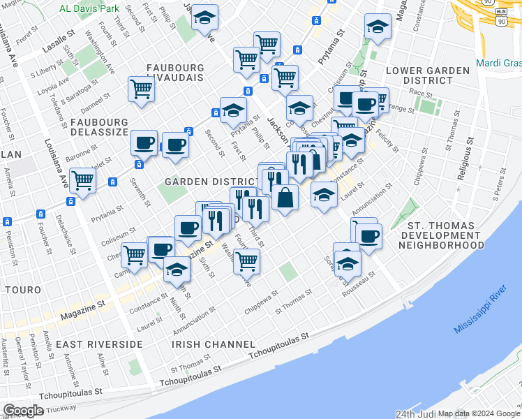 map of restaurants, bars, coffee shops, grocery stores, and more near 2407 Magazine Street in New Orleans