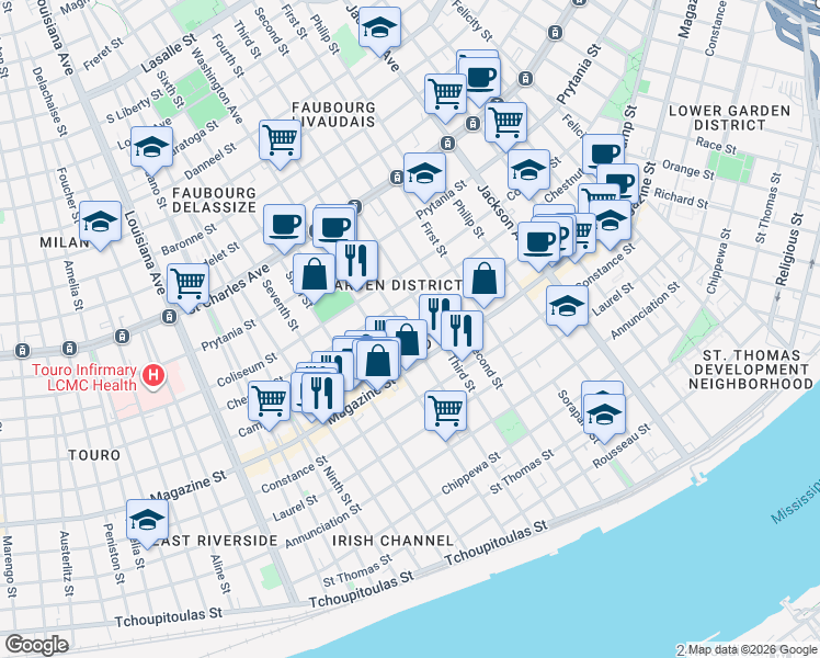 map of restaurants, bars, coffee shops, grocery stores, and more near 1217 Fourth Street in New Orleans