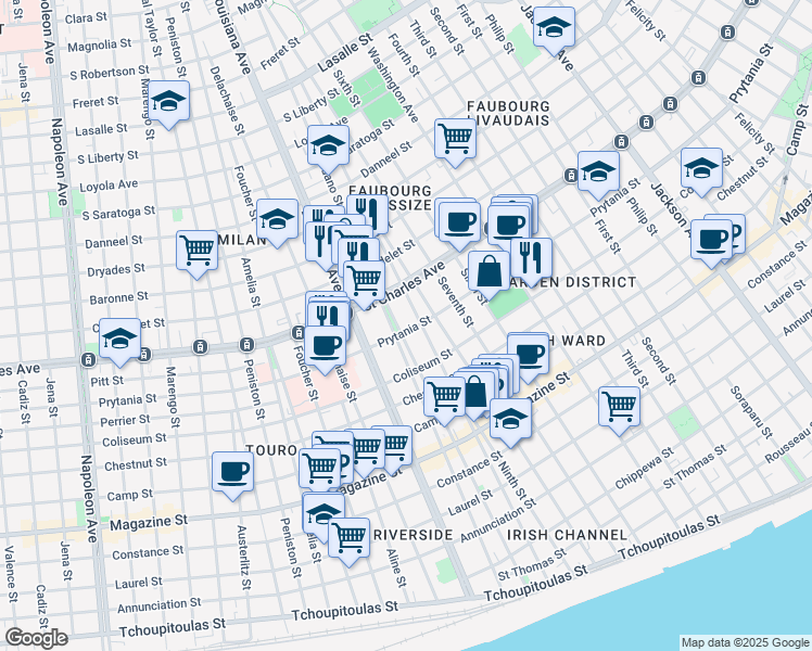 map of restaurants, bars, coffee shops, grocery stores, and more near 3125 Prytania Street in New Orleans