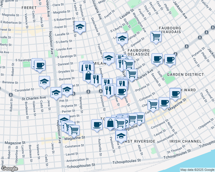 map of restaurants, bars, coffee shops, grocery stores, and more near 3610 Carondelet Street in New Orleans