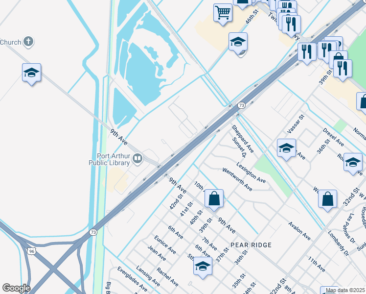 map of restaurants, bars, coffee shops, grocery stores, and more near 3801 Highway 73 in Port Arthur