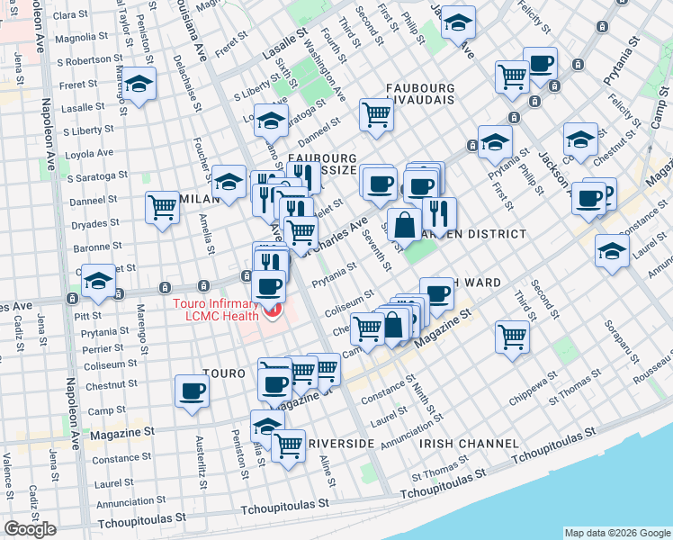 map of restaurants, bars, coffee shops, grocery stores, and more near 3125 Prytania Street in New Orleans