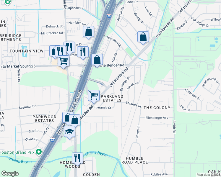 map of restaurants, bars, coffee shops, grocery stores, and more near 14310 Old Humble Road in Humble