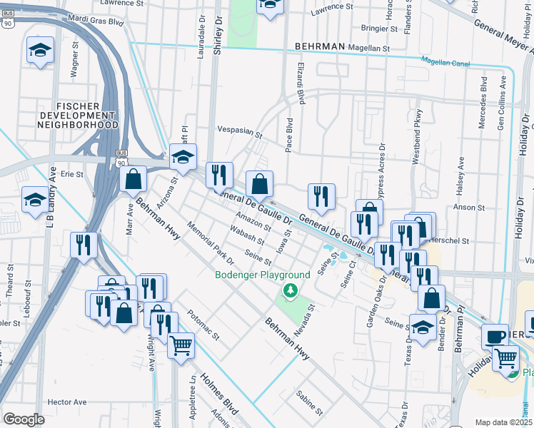 map of restaurants, bars, coffee shops, grocery stores, and more near 2901 Louisiana 428 in New Orleans